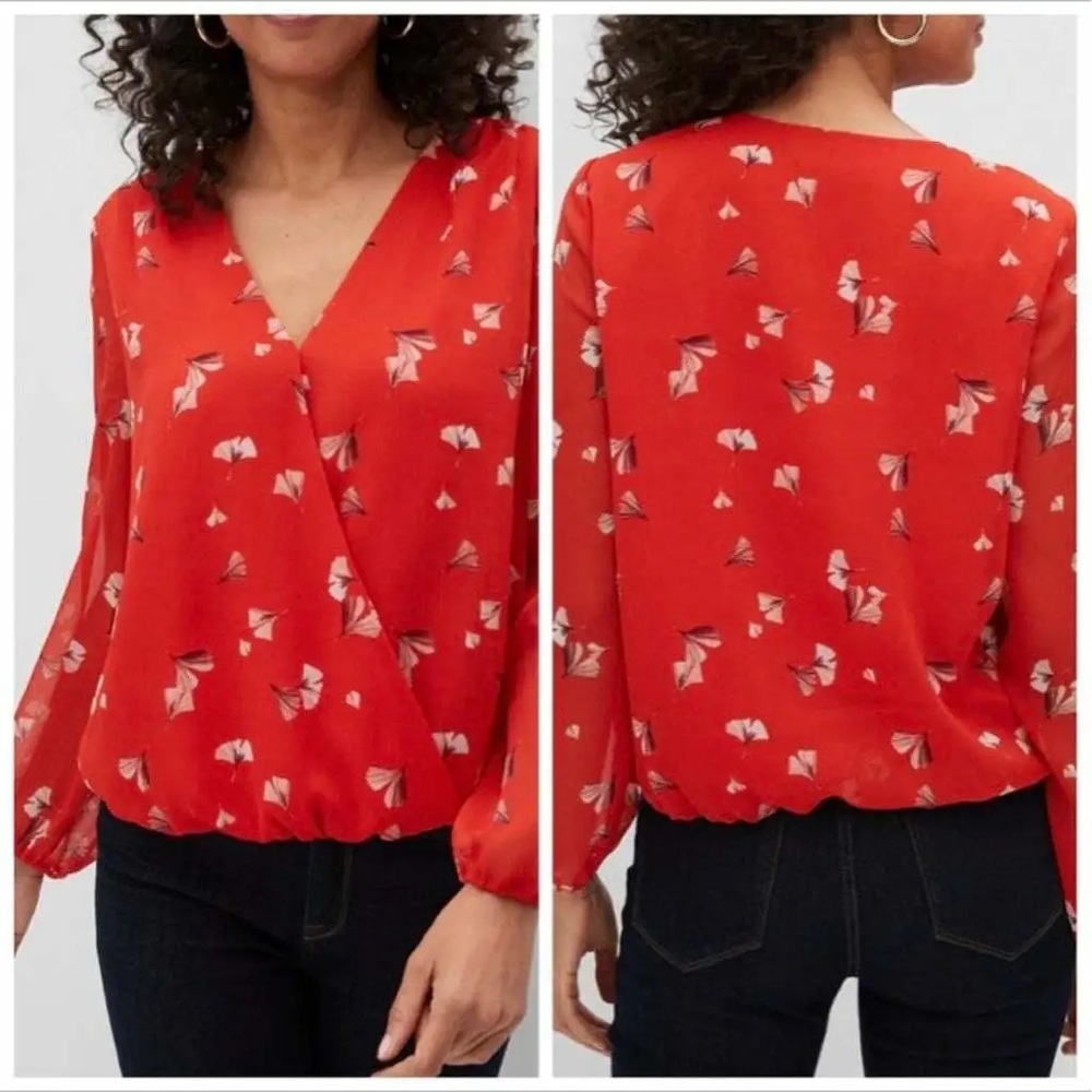 BANANA REPUBLIC shirt size Small red floral‎ wrap longsleeve